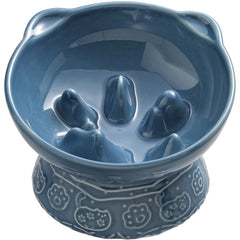 Qcapet Ceramic Cat Slow Feeder Elevated Cat Food Bowl Tilted Design Dog Slow Feeder Bowl no Black Chin Cat Shape Slow Feeder for Dry and Wet Food (Blue)